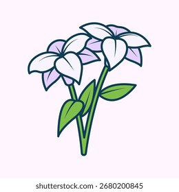 Estilo de diseño plano de lirio gemelo, par de lirios púrpura claro con hojas, ideal para gráficos de jardín, diseño de boda e ilustración floral