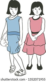 The twin little girls are both standing together wearing a dress blue and pink while her sister bringing teddy bear.