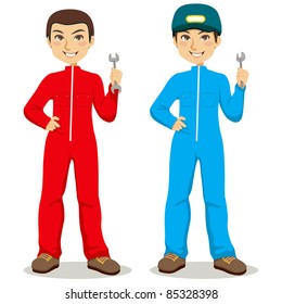Twin mechanic workers with red and blue overalls holding wrench and spanner tools