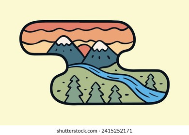 La montaña gemela y el río en la naturaleza vectorial camiseta pegatina arte al aire libre