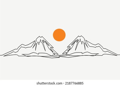 Twin mountains landscape continuous one line drawing vector. Mountains in full sun hand drawn silhouette. Nature, rock panoramic ketch. Twin Fujiyama minimalistic contour illustration. Eps 10.