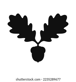 Twin Oak leaves acorn silhouette icon. Dark-coloured Quercus species foliage. Isolated on a white background.