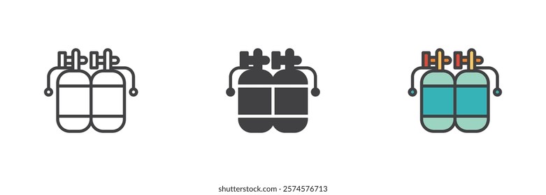 Twin oxygen tank different style icon set. Line, glyph and filled outline colorful version, outline and filled vector sign. Diving cylinders symbol, logo illustration. Vector graphics