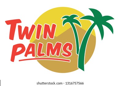 Twin Palms Logo, Two Palm Trees Illustration with Mountains in the Background, Neighborhood Symbol, Isolated Design Element, California Vector Logo, Summer Vacation Glyph, Tropical Icon