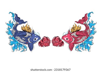 twin Red and Blue Carp fish vector tattoo , illustration Tattoo art design Theme Fish carp japan style