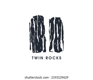 Ilustración vectorial del logotipo de las rocas gemelas. Doble roca colina de textura áspera color negro grunge dibujado a mano.