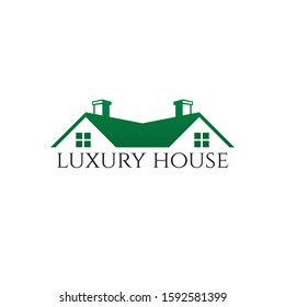 twin roof top with chimney house home real estate property sale market vector logo design template