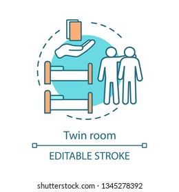 Twin room concept icon. Two person hotel suite. Lodging booking. Room with single beds. Hostel, apartment accommodation idea thin line illustration. Vector isolated outline drawing. Editable stroke