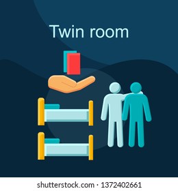 Twin room flat concept vector icon. Hostel, apartment accommodation idea cartoon color illustration set. Two person hotel suite. Lodging booking. Room with single beds. Isolated graphic design element