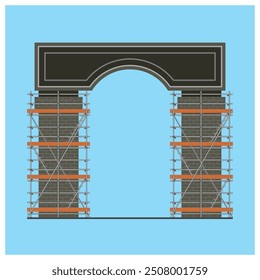 Twin scaffolding installation of the city gate construction work project vector illustration.