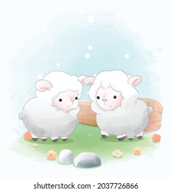 twin sheep watercolor illustration solated on white background, for cover book, print, baby shower, nursery decorations, birthday invitations, poster, greeting card