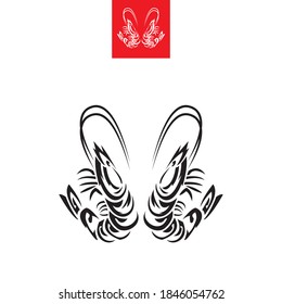 twin shrimp unique logo for restaurant in solid black color, vector illustration