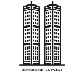 Twin Skyscraper BModern twin skyscrapers with grid windows against white background. Minimalist urban architecture for corporate design projects.uildings Icon