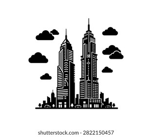 Twin skyscraper skyline silhouette with surrounding clouds