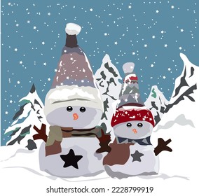 twin snowmen and a pine tree