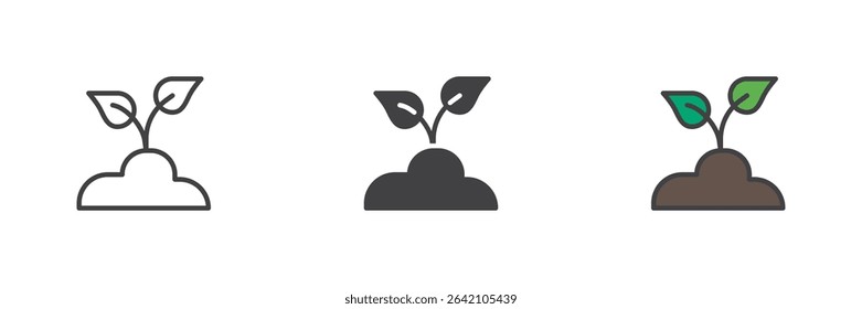 Twin sprouts emerging from soil in line, solid and filled outline icon style. Vector plant icon pack symbolizing early growth and eco-friendly gardening themes.