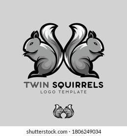 Twin squirrel grey black white vector logo template