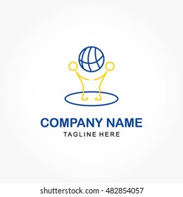 twin stick men lifting a simple blue stroke globe for company logo vector