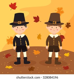 Twin Thanksgiving Boy. Illustration of thanksgiving greeting card with two boys using same costume but different color in autumn background.