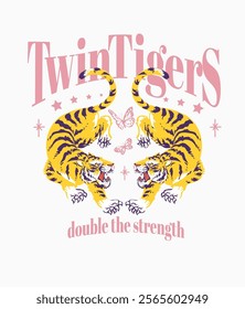 twin tigers slogan with double tigers graphic vector illustration