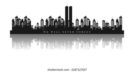 Torres gemelas en el Skyline de la ciudad de Nueva York. Afiche vectorial del 11 de septiembre de 2001. Día del Patriota, 11 de setiembre, nunca olvidaremos