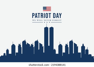 Torres gemelas en el Skyline de la ciudad de Nueva York. Afiche vectorial del 11 de septiembre de 2001. Día del Patriota, 11 de setiembre, nunca olvidaremos, Antecedentes con la Silhouette de la ciudad de Nueva York.