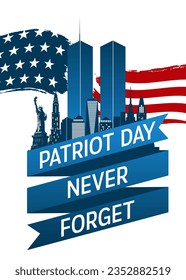 Twin Towers of World Trade Centre in New York cityscape. Silhouettes of skyscrapers of New York and Statue of Liberty. 9 September, Patriot or remembrance day concept. Vector illustration.