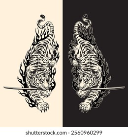 Twin White Tigers with Swords