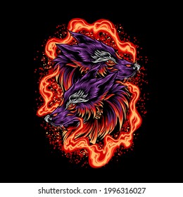 Twin Wolf Head With Fire  Illustration for your business or merchandise