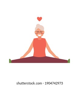 Twine stretching mature senior woman isolated on white isolated background. Vector illustration.