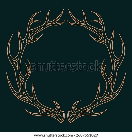 Twined deer antlers form a circular wreath creating a bold rustic emblem with dramatic contrast