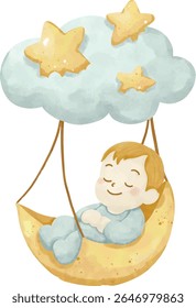 Twinkle Twinkle Baby Chuveiro Clipart, Sweet Dreams Nursery Clipart, Estrelas Kawaii, Nuvens e Arco-Íris, Sleeping Baby, Lua e conjunto de estrelas
