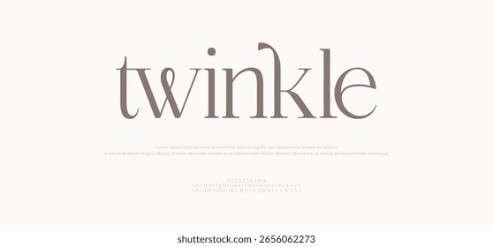Twinkle Elegant Font Großbuchstaben Kleinbuchstaben und Zahlen. Klassische minimalistische Schrift für Mode und Design. Moderne Serif Typografie mit Vintage-Deko-Flair. Vektorgrafik.