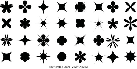 Twinkle and flare icons bundle featuring a variety of modern sparkle shapes in silhouette and vivid hues for unique digital art creations.

