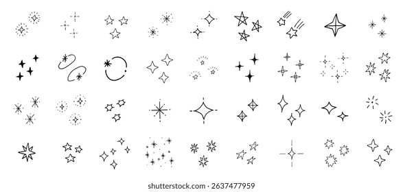 Twinkle and glitter hand drawn star sparkle vector illustration. Set of twinkle star doodle icons. Dazzling bright party lights.