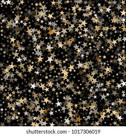 Twinkle gold star dust sparkle vector background. Glitter stardust confetti, shining sparkles pattern design on dark. Glossy gold stars vector, tinsel lights background. Card backdrop.