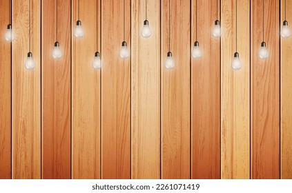 Twinkle lights illustration. Wood wall with bulb lights lamp. Vector illustration.