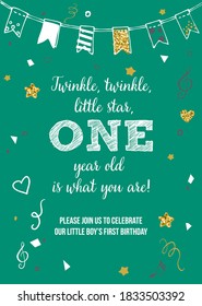 Twinkle, Twinkle, Little Star, Boy's First Birthday One Year Party Printable Invitation Vector Card