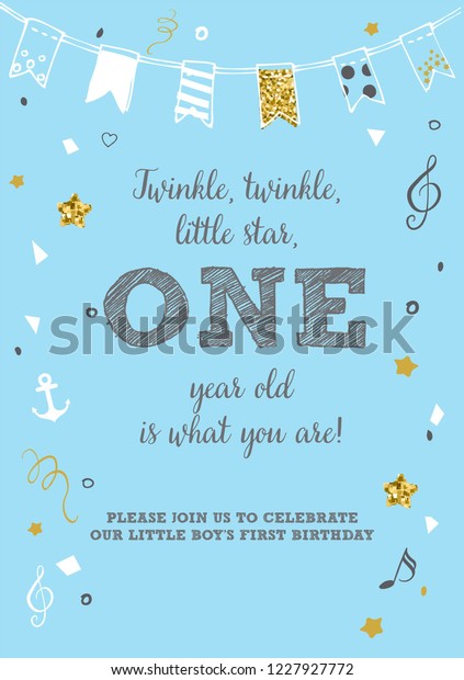 Twinkle, Twinkle, Little Star, Boy\'s\
First Birthday One Year Party Printable Invitation\
Card