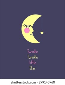 Twinkle Twinkle Little Star card with moon and star. Unusual inspirational and motivational quote poster. Lullaby Baby shower design.