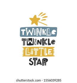 Twinkle twinkle little star colored lettering. Baby vector stylized typography. Kids print. Hand drawn phrase poster, banner, sticker design element for nursery