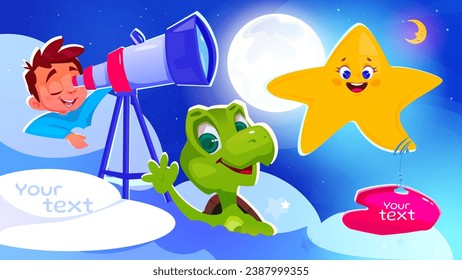 Twinkle Twinkle little Star concept. Colorful banner or cover with small child and smiling turtle watching stars in sky. Education for preschoolers. Design for video. Cartoon flat vector illustration