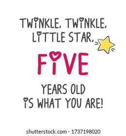 Twinkle, Twinkle, Little Star Five Years Old Is What You Are! Birthday Party Printable Invitation Card, Banner On White Background