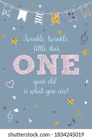 Twinkle, Twinkle, Little Star, Girl's First Birthday One Year Party Printable Invitation Vector Card