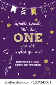 Twinkle, Twinkle, Little Star, Girl's First Birthday One Year Party Printable Invitation Vector Card