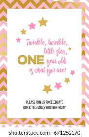 Twinkle, Twinkle, Little Star, Girl's First Birthday One Year Party Printable Invitation Card