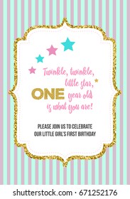 Twinkle, Twinkle, Little Star, Girl's First Birthday One Year Party Printable Invitation Card