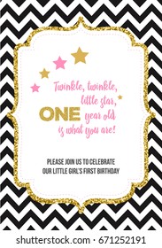 Twinkle, Twinkle, Little Star, Girl's First Birthday One Year Party Printable Invitation Card