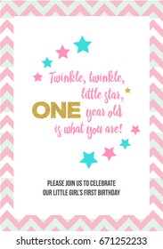 Twinkle, Twinkle, Little Star, Girl's First Birthday One Year Party Printable Invitation Card