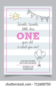 Twinkle, Twinkle, Little Star, Girl's First Birthday One Year Party Printable Invitation Card